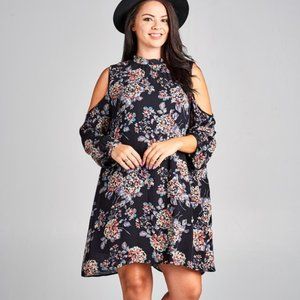 Floral Cold Shoulder Black Trapeze Midi Dress